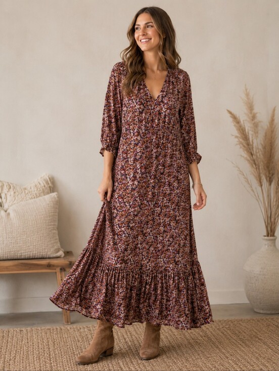 NATURAL LIFE Dresses & Skirts - Natural Life Floral Boho Maxi Dress L/XL Rayon Cottagecore Fall Midi Maxi